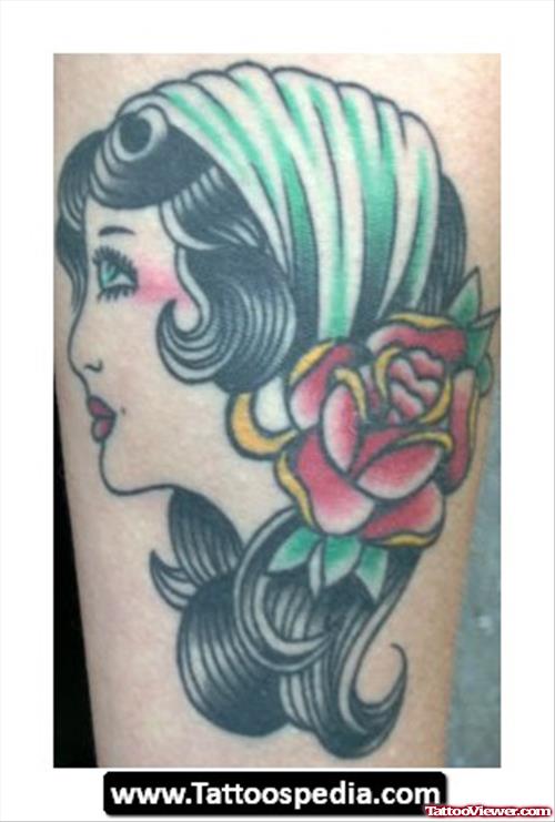 Colored Gypsy Head With Rose Flower Tattoo