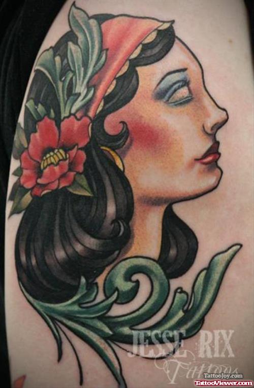 Colored Gypsy Girl Head Tattoo