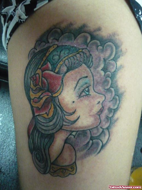 Color Ink Gypsy Head Tattoo On Shoulder
