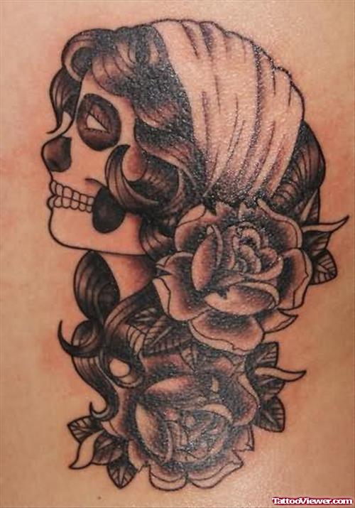 Grey Ink Rose Flowers And Gypsy Head Tattoo