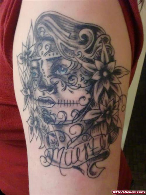 Grey Ink Gypsy Skull Tattoo On Half Sleeve
