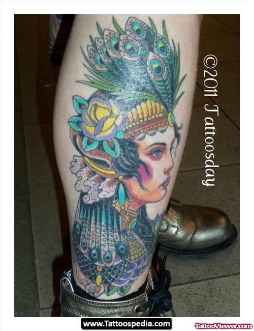 Colored Gypsy Tattoo On Right Leg