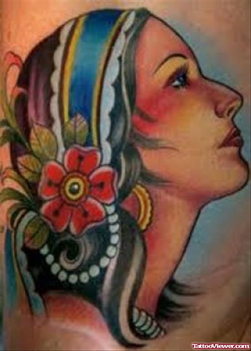 Stylish Colored Gypsy Head Tattoo