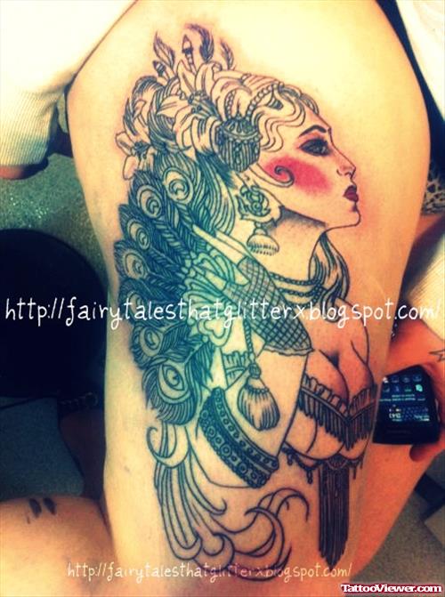 Awesome Color Ink Gypsy Tattoo On Leg
