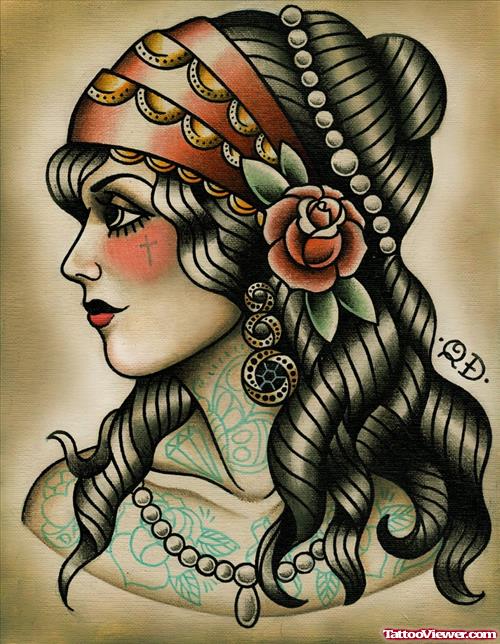 Amazing Gypsy Portriat Tattoo Design