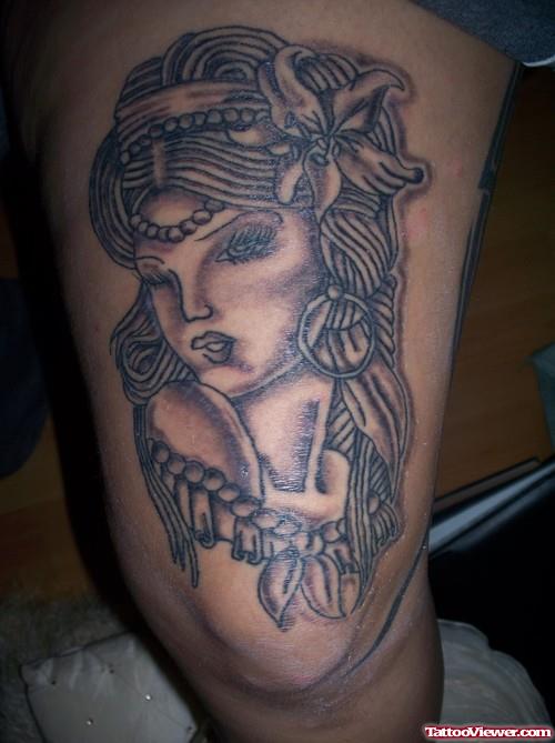 Amazing Grey Ink Gypsy Tattoo On Right Thigh