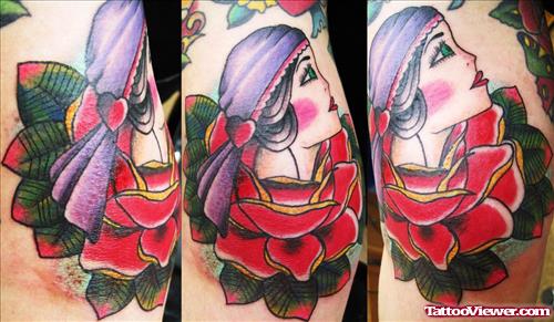 Traditional Gypsy Head In Rose Flower Tattoo