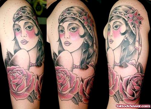 Red Rose Flowers And Gypsy Tattoo On Half Sleeve