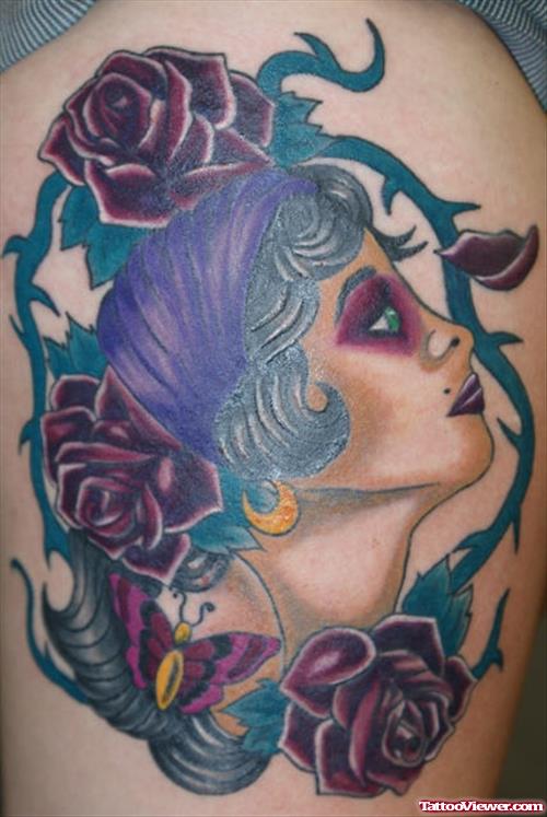 Red Rose Flowers and Gypsy Head Tattoo