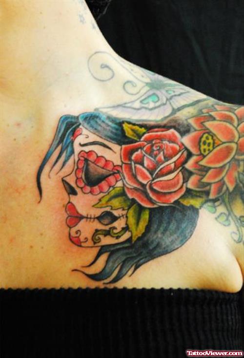 Lotus And Rose Flowers Gypsy Tattoo On Left Collarbone