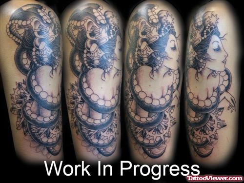 Grey Ink Snake And Gypsy Tattoo Design