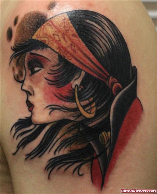 Grey Ink Gypsy Tattoo On Shoulder
