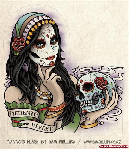 Dia De Los Muertos Gypsy With Skull Tattoo Design