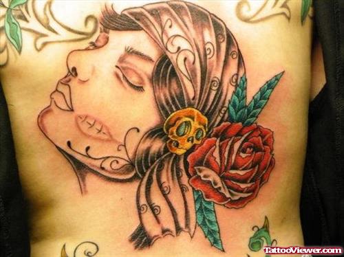 Beautiful Red Rose Flower And Gypsy Head Tattoo