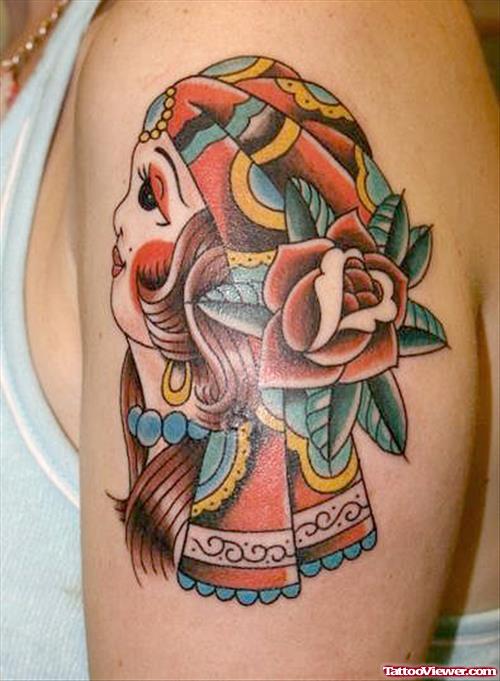 Awesome Rose Flower And Gypsy Head Tattoo On Left Shoulder