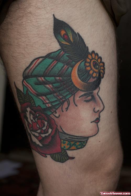 Awesome Color Gypsy Tattoo On Thigh