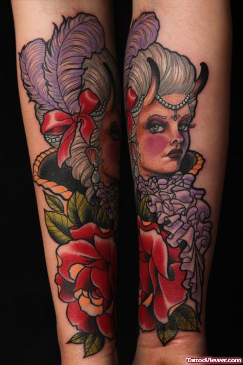 Rose Flowers And Gypsy Head Tattoo