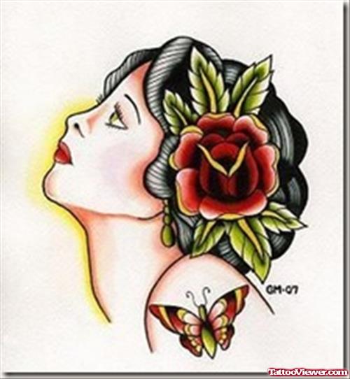 Red Flower And Gypsy Head Tattoo Design