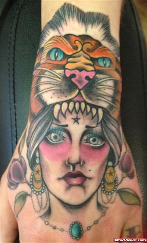 Gypsy Tiger Head Tattoo On Hand