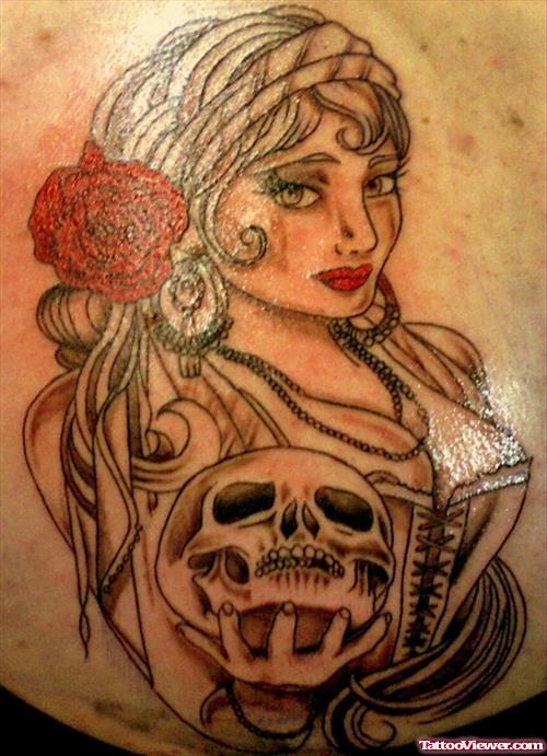Grey Ink Gypsy With Skull In Hand Tattoo