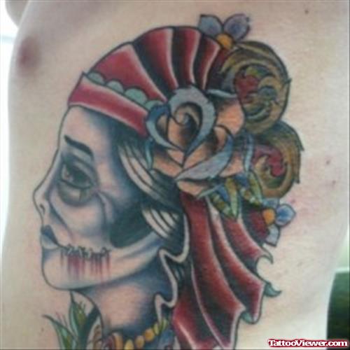 Awesome Colored Gypsy Tattoo On Man Side Rib