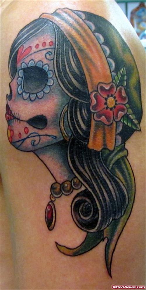 Sugar Skull Gypsy Tattoo On Right Back Shoulder