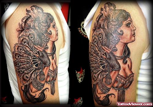 Grey Ink Gypsy Tattoo On Right Half Sleeve