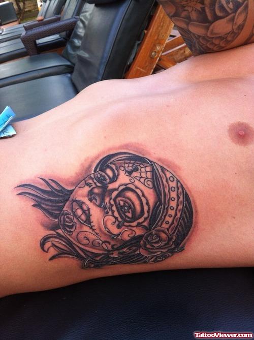 Grey Ink Gypsy Head Tattoo On Side Rib