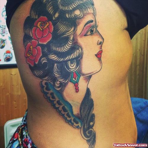 Amazing Gypsy Head Tattoo On Side Rib