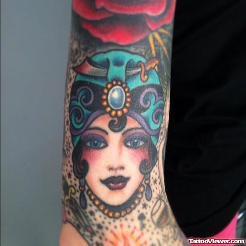 Amazing Gypsy Girl Head Tattoo On Hand