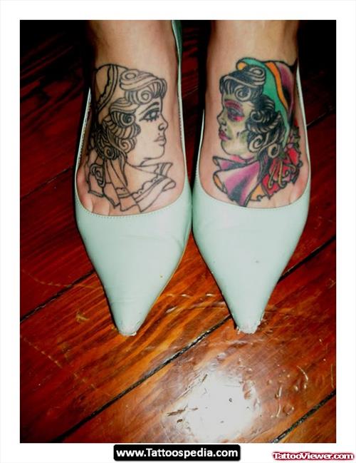 Colored Gypsy Tattoos On Both Feet