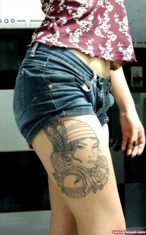 Grey Ink Gypsy Head Tattoo On Right Thigh