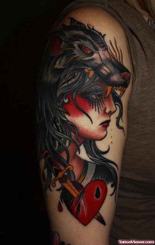 Dagger Heart And Gypsy Tattoo On Half Sleeve