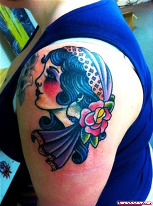Colored Gypsy Tattoo On Man Left Shoulder