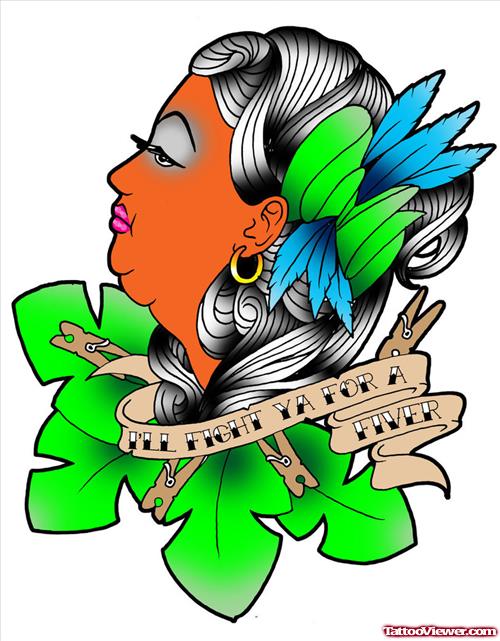 Colored Gypsy Head With Banner Tattoo Design