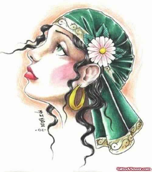 Unique Colored Gypsy Head Tattoo