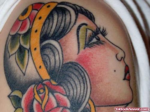 Traditional Red Rose and Gypsy Head Tattoo