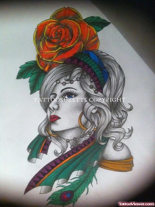 Rose And Gypsy Head Tattoo Design