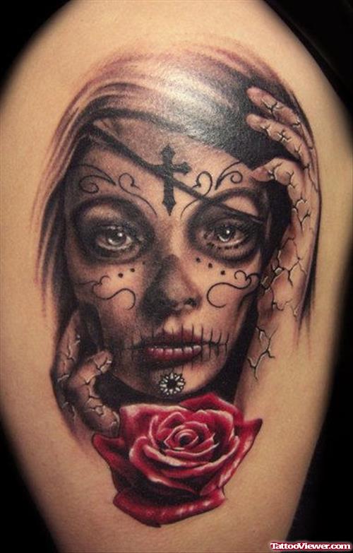 Red Rose and Grey Ink Gypsy Tattoo