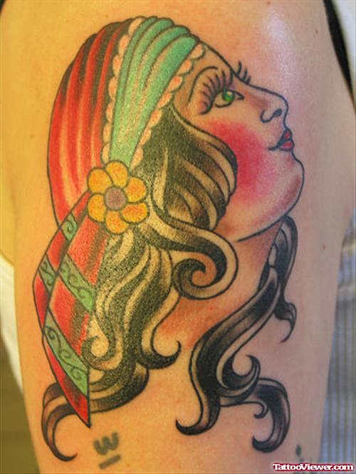 Color Ink Gypsy Tattoo On Right Shoulder
