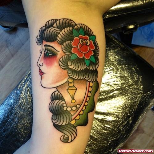 Amazing Color Gypsy Head Tattoo On Inner Bicep