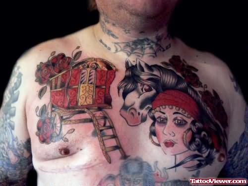 Gypsy And Wagon Tattoo On Chest