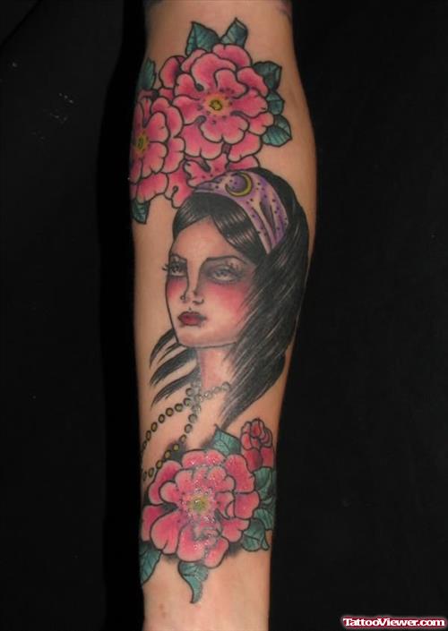 Flowers And Gypsy Lady Tattoo