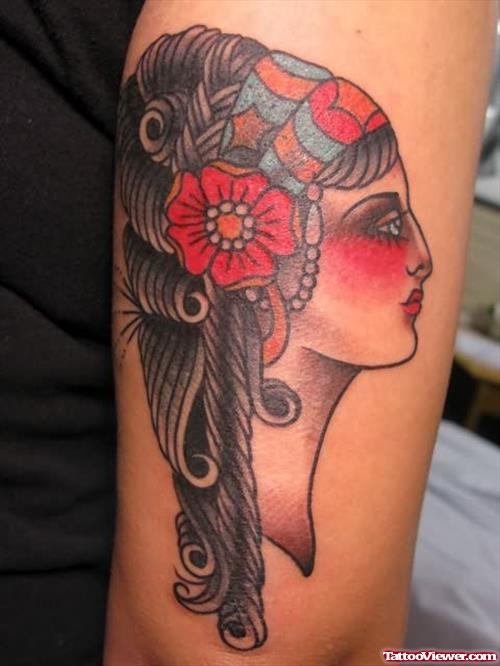 Gypsy Head Tattoo On Elbow