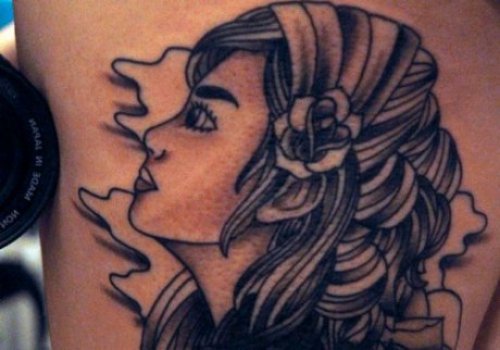 Grey Ink Gypsy Tattoo On Back