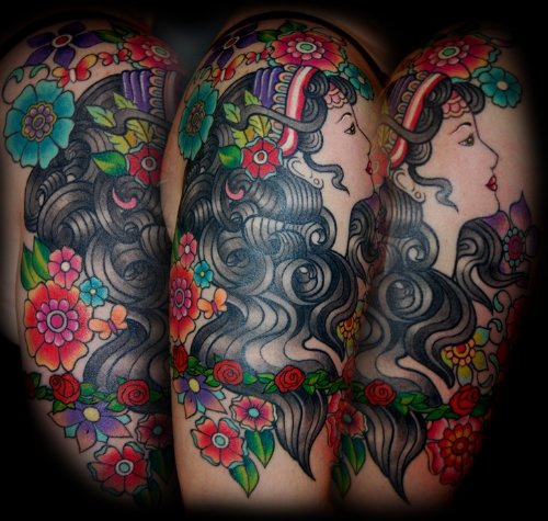Colored Flowers And Gypsy Head Tattoo