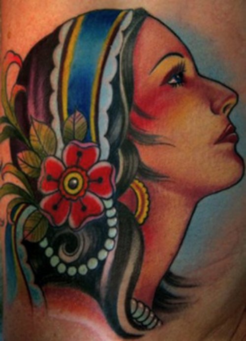 Attractive Colored Gypsy Head Tattoo
