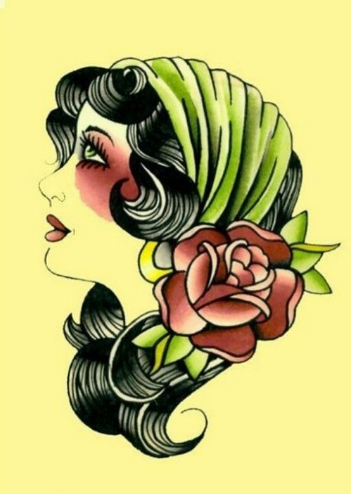 Gypsy Head With Red Rose Tattoo Design