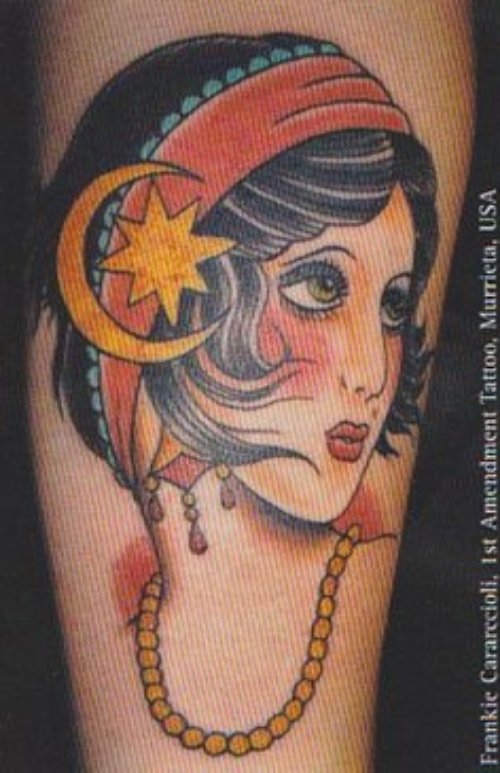 Color Ink Gypsy Girl Head Tattoo