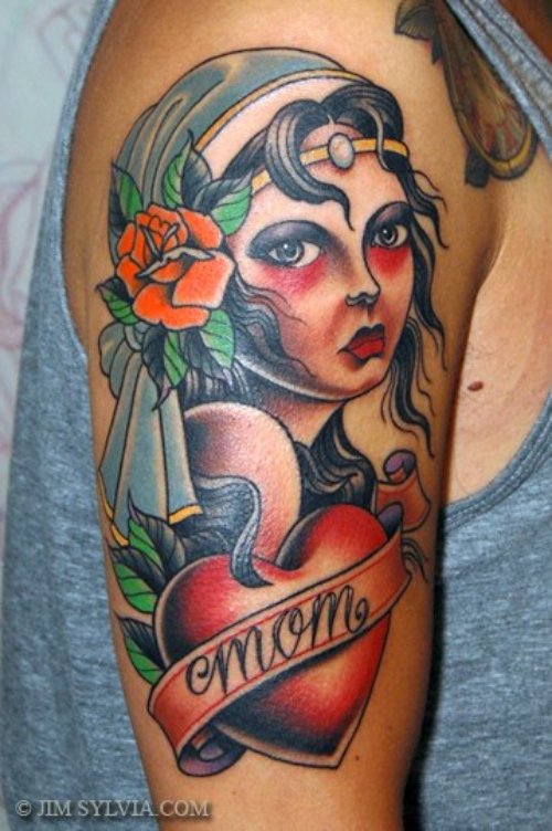 Red Heart With Mom Banner And Gypsy Tattoo On Half Sleeve